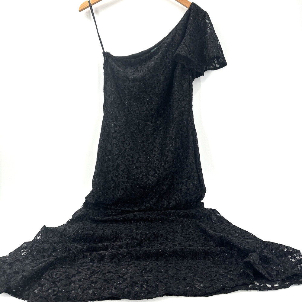 Lauren Ralph Lauren Dress Womens 10 Evening Black Lace One Shoulder‎ Lined Maxi